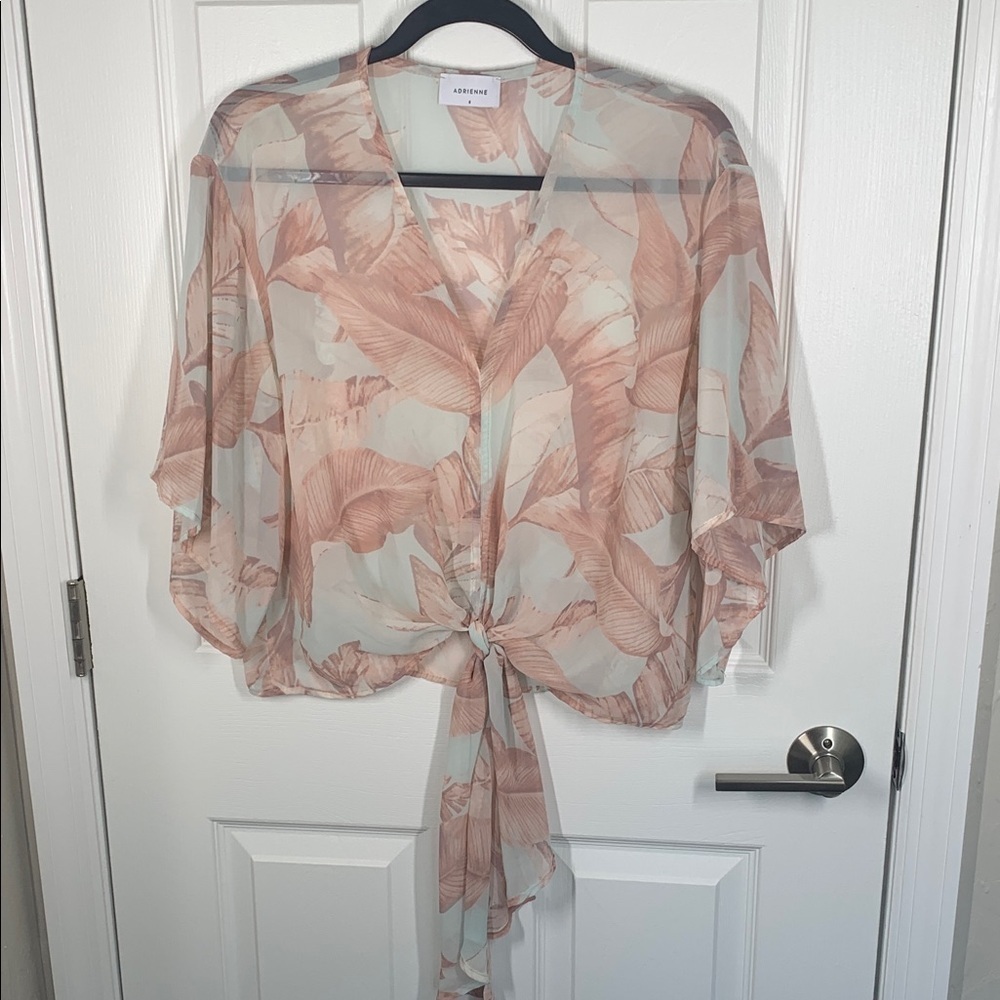 Adrienne tie front sheer blouse soft blue and pink leaf print size small